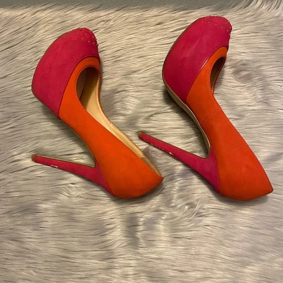 Penny Loves Kenny Pink & Orange Suede with Gold Beaded Top Accent Heels - Picture 9 of 12
